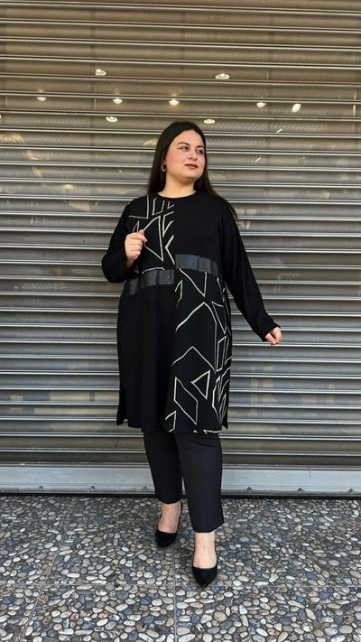 Selma Büyük Beden Geometrik Desenli Siyah Tunik