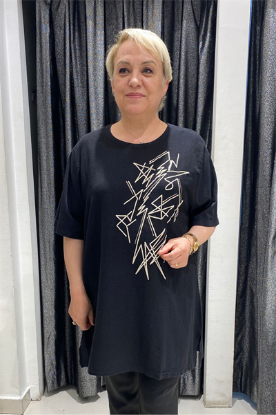 Selma Büyük Beden Geometrik Desenli T-Shirt
