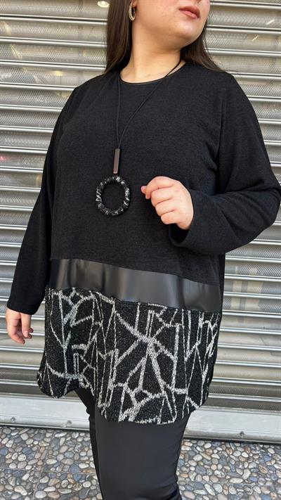 Selma Büyük Beden Geometrik Detaylı Kolye Hediyeli Bluz