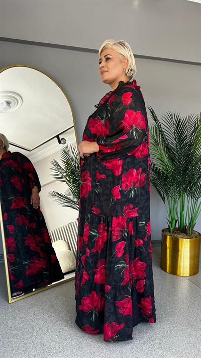 Selma Büyük Beden Gül Baskı Elbise