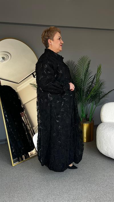 Selma Büyük Beden Gümüş Pul Detaylı Pardesü