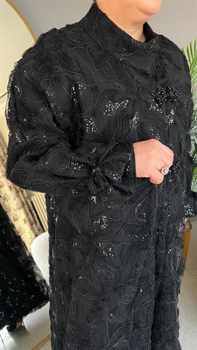 Selma Büyük Beden Gümüş Pul Detaylı Pardesü