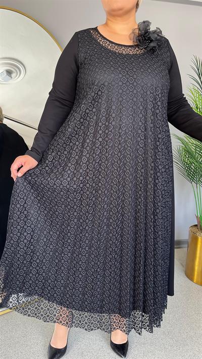 Selma Büyük Beden Güpür Plise Elbise