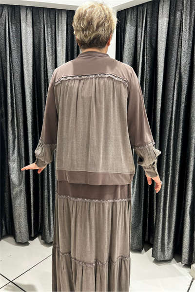 Selma Büyük Beden Hakim Yakalı Dantel Detaylı Etekli Takım