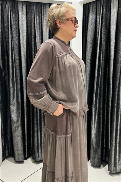 Selma Büyük Beden Hakim Yakalı Dantel Detaylı Etekli Takım