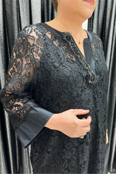 Selma Büyük Beden İç Elbiseli V Yaka Dantel Takım