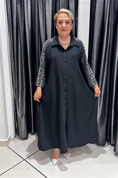 Selma Büyük Beden İnci Detaylı Düğmeli Elbise