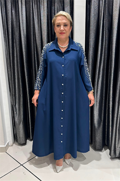 Selma Büyük Beden İnci Detaylı Düğmeli Elbise