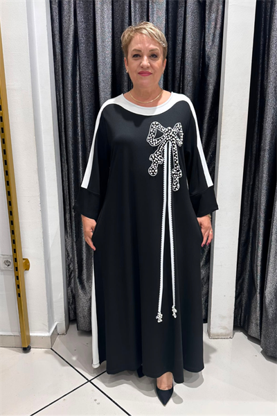 Selma Büyük Beden İnci Detaylı Fiyonklu Elbise