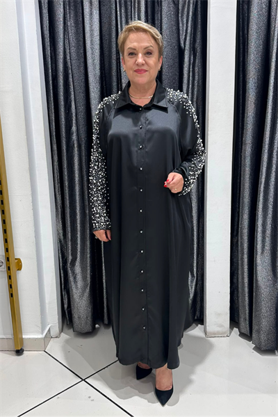 Selma Büyük Beden İnci Detaylı Pamuk Saten Gömlek Elbise