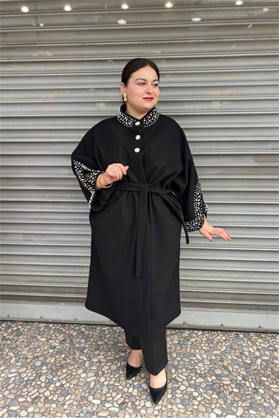 Selma Büyük Beden İnci İşlemeli Cepli Kaşe Kaban