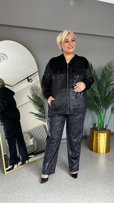 Selma Büyük Beden İnci Kadife Yılan Desenli Eşofman Takımı