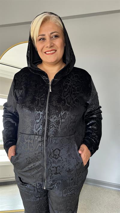 Selma Büyük Beden İnci Kadife Yılan Desenli Eşofman Takımı