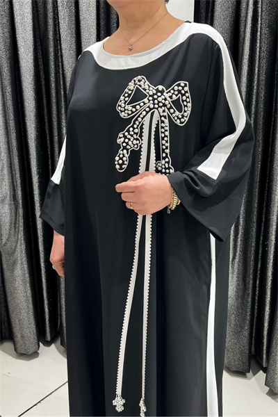 Selma Büyük Beden İnci Taşlı Kurdele Tasarımlı Elbise