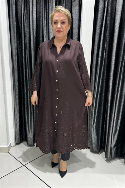 Selma Büyük Beden İşlemeli Gömlek Elbise
