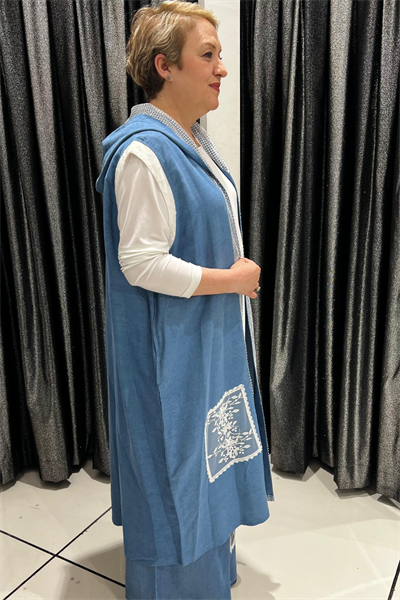 Selma Büyük Beden İşlemeli Kapüşonlu Kot Yelek