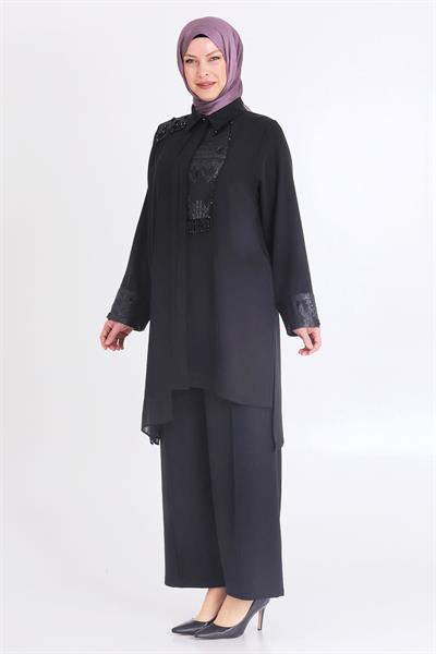 Selma Büyük Beden Jakar Kombinli Pantolonlu Abiye Takım