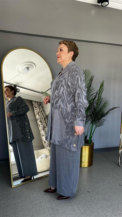 Selma Büyük Beden Jakarlı Lyocell Pantolonlu Takım