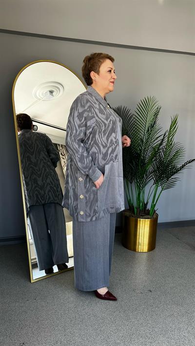 Selma Büyük Beden Jakarlı Lyocell Pantolonlu Takım