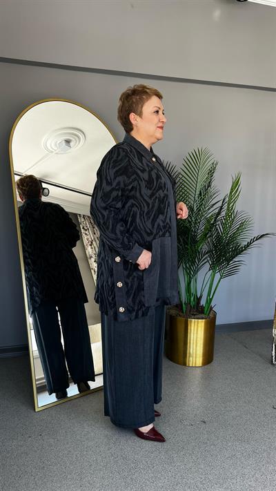 Selma Büyük Beden Jakarlı Lyocell Pantolonlu Takım