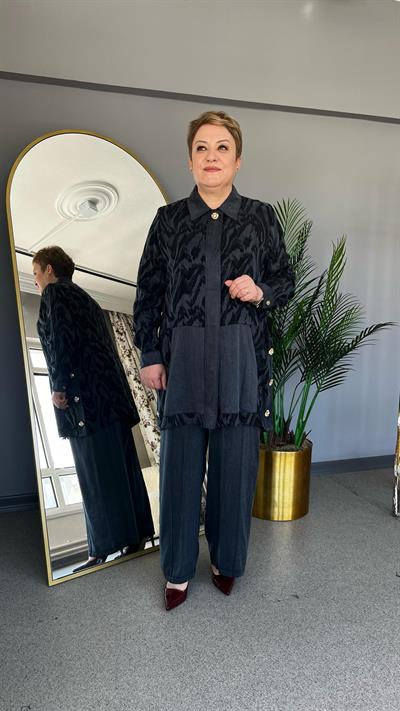 Selma Büyük Beden Jakarlı Lyocell Pantolonlu Takım