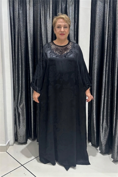 Selma Büyük Beden Jakarlı Saten Kumaş Taş İşlemeli Elbise