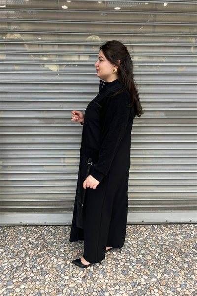 Selma Büyük Beden Kadife Detaylı Ferace/Pardesü