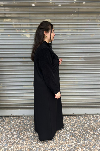 Selma Büyük Beden Kadife Detaylı Ferace/Pardesü