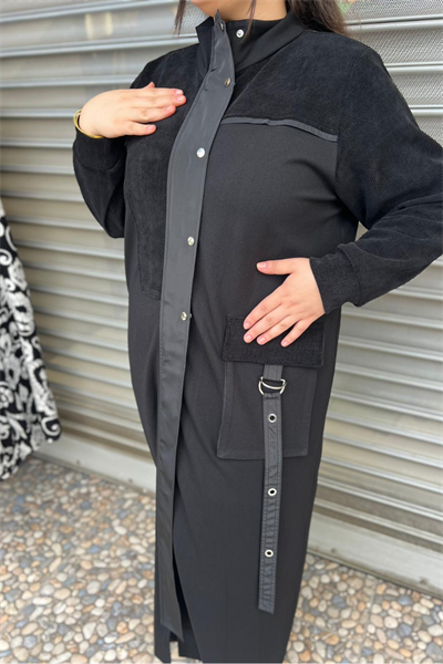 Selma Büyük Beden Kadife Detaylı Ferace/Pardesü