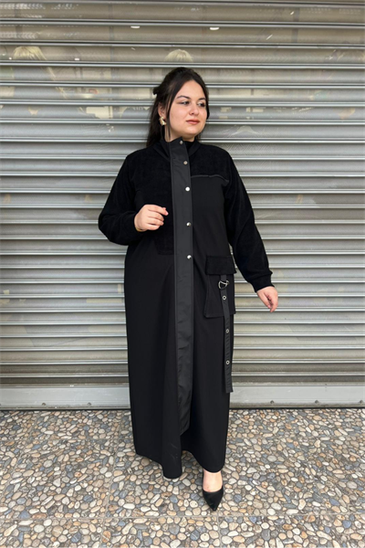 Selma Büyük Beden Kadife Detaylı Ferace/Pardesü