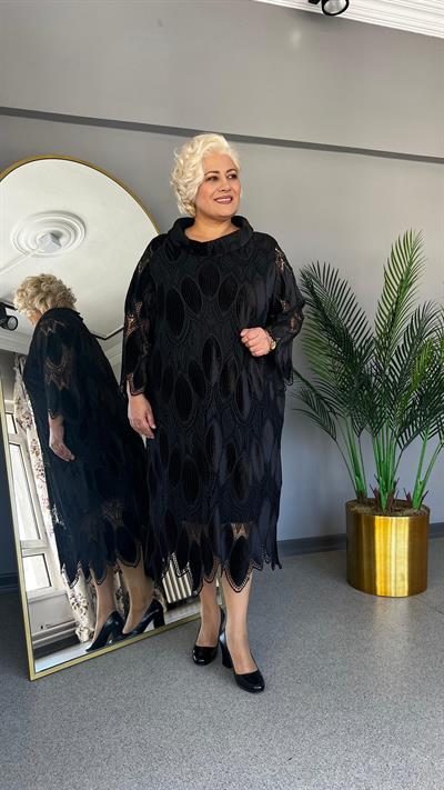 Selma Büyük Beden Kadife Güpür Elbise