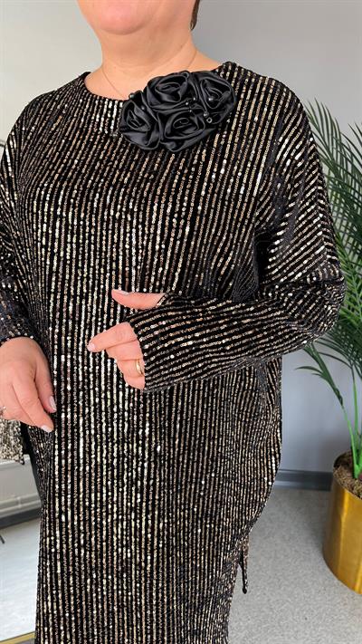 Selma Büyük Beden Kadife Kumaş Üzeri Payetli Elbise