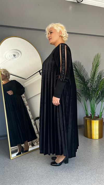 Selma Büyük Beden Kadife Plise Elbise