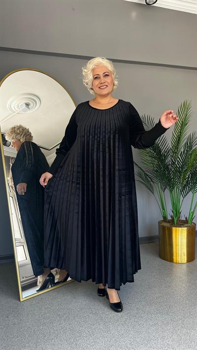 Selma Büyük Beden Kadife Plise Elbise