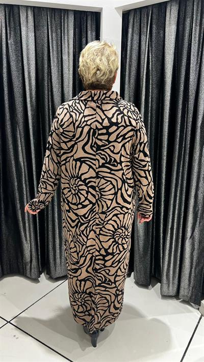 Selma Büyük Beden Kahve Siyah Desenli Cepli Elbise