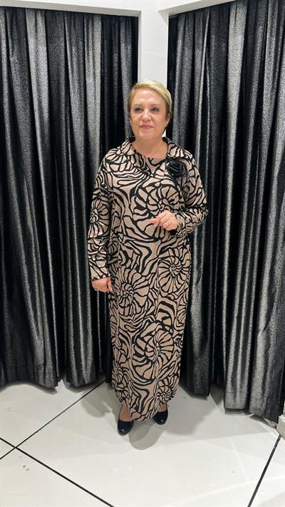 Selma Büyük Beden Kahve Siyah Desenli Cepli Elbise
