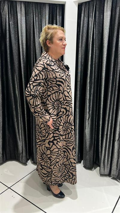 Selma Büyük Beden Kahve Siyah Desenli Cepli Elbise