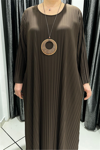 Selma Büyük Beden Kahverengi Elbise + Hediye Kolye