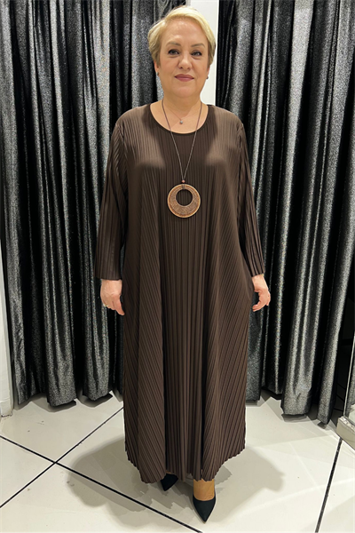 Selma Büyük Beden Kahverengi Elbise + Hediye Kolye