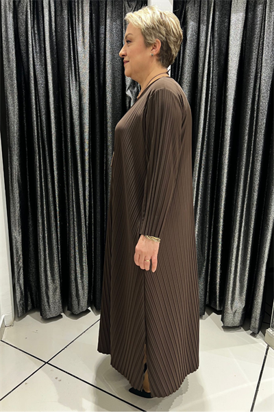 Selma Büyük Beden Kahverengi Elbise + Hediye Kolye