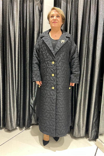 Selma Büyük Beden Kapitone Altın Düğmeli Broş Detaylı Pardesü