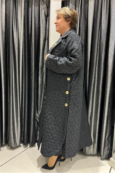 Selma Büyük Beden Kapitone Altın Düğmeli Broş Detaylı Pardesü