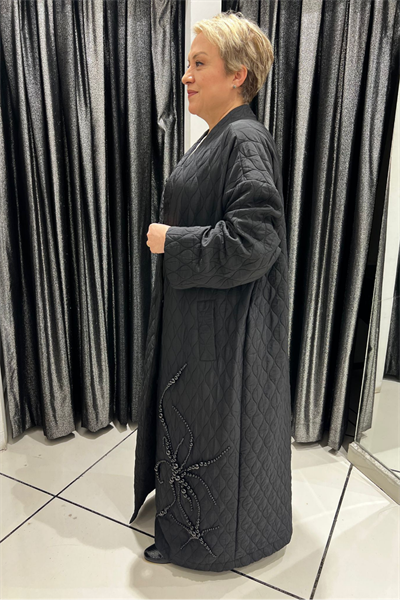 Selma Büyük Beden Kapitone Boncuk İşlemeli Pardesü