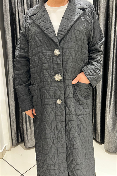 Selma Büyük Beden Kapitone Çiçek İşlemeli Pardesü