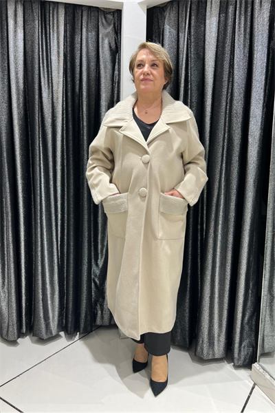 Selma Büyük Beden Kapitone Detaylı Fermuarlı Yaka Uzun Kaban