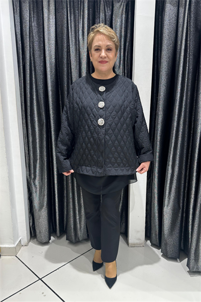 Selma Büyük Beden Kapitone ve  Taş Düğme Detaylı Mont/Ceket