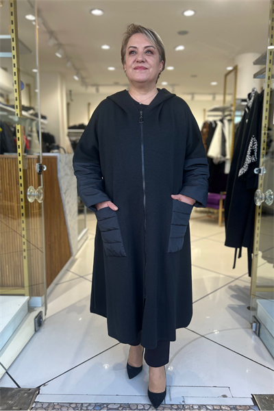 Selma Büyük Beden Kapüşonlu Kapitone Detaylı Kaban