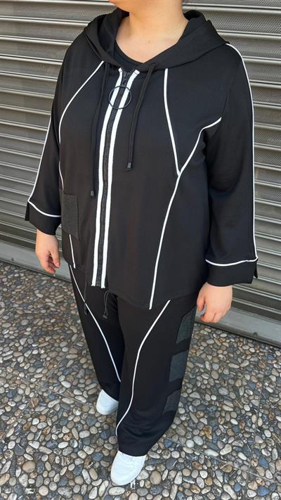 Selma Büyük Beden Kapüşonlu Şerit Detaylı Spor Takım