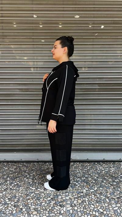 Selma Büyük Beden Kapüşonlu Şerit Detaylı Spor Takım