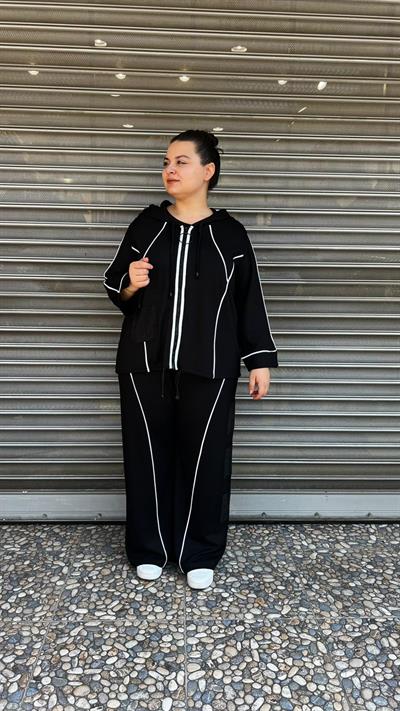 Selma Büyük Beden Kapüşonlu Şerit Detaylı Spor Takım